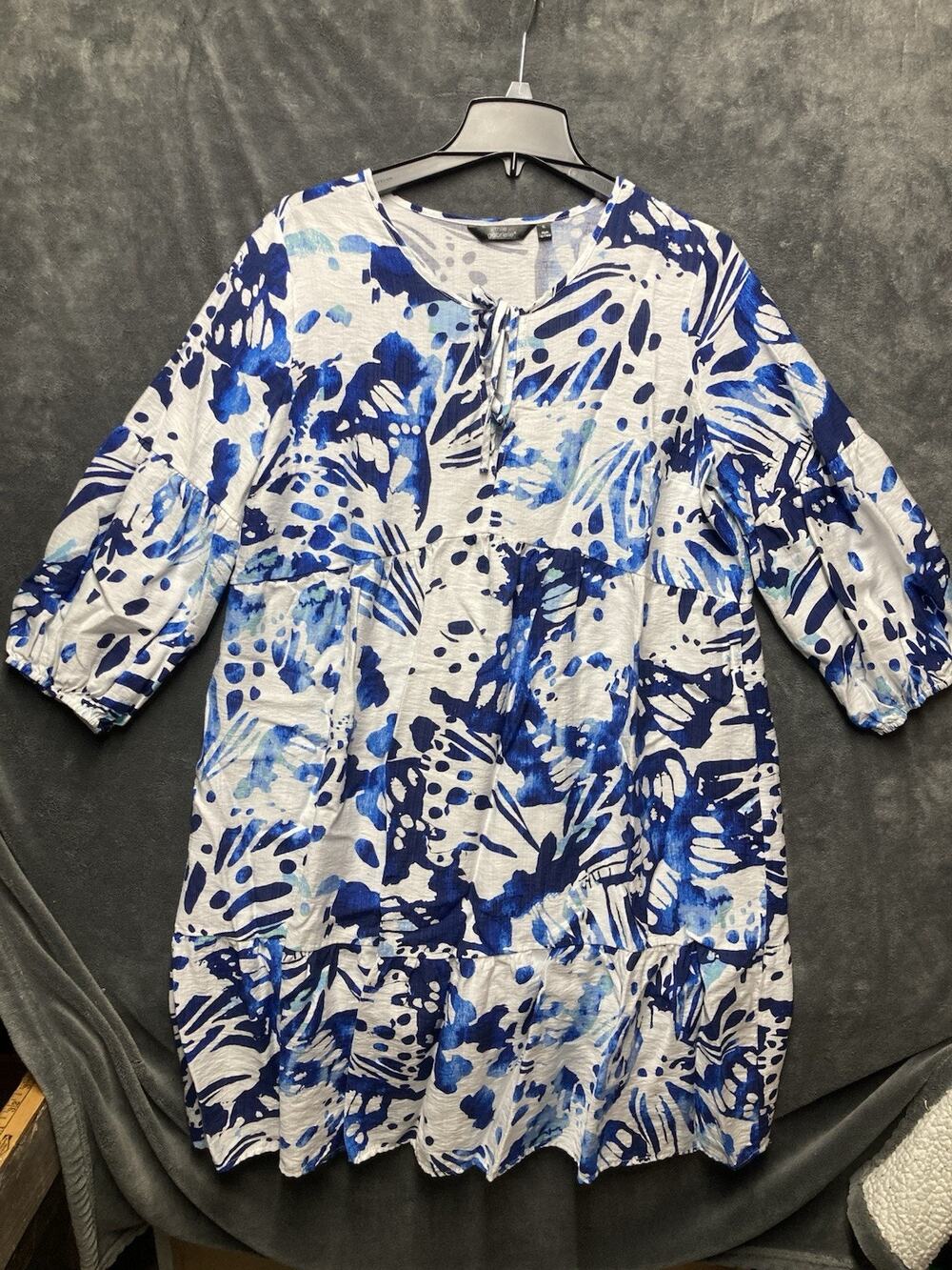 MLLE Gabrielle Blue & White Watercolor Tiered Babydoll Dress Artsy Coastal XL